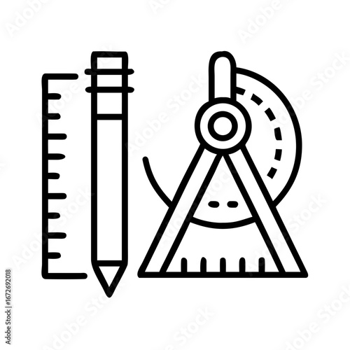 Illustration of architectural design tools including a ruler, pencil, and a compass