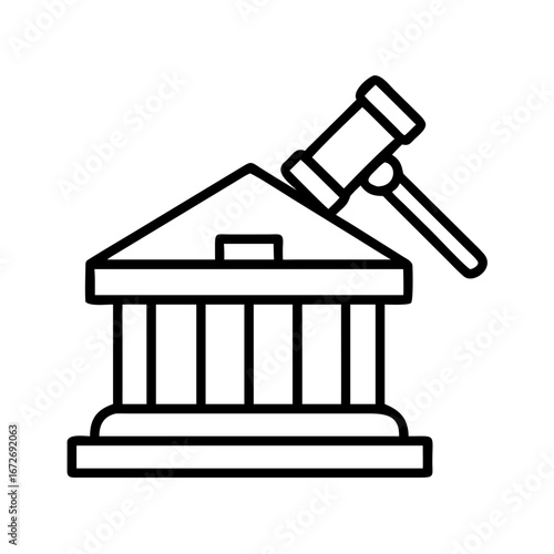 Graphic illustration of a courthouse with a gavel representing justice and law
