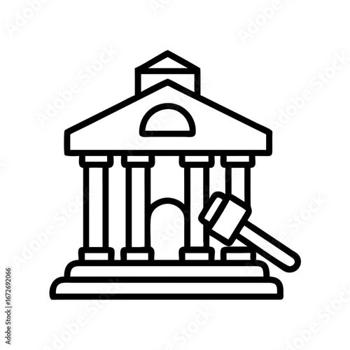 Simple black and white line art depiction of a courthouse with gavel