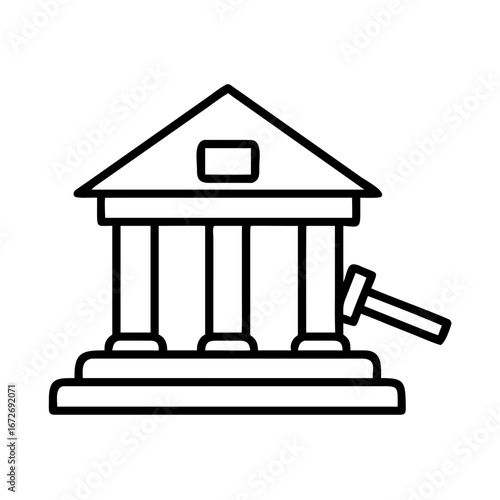 A schematic courthouse building with a gavel, representing legal and judiciary functions