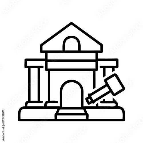 Simple Outline Illustration of Courthouse and Gavel Symbolizing Justice and Law