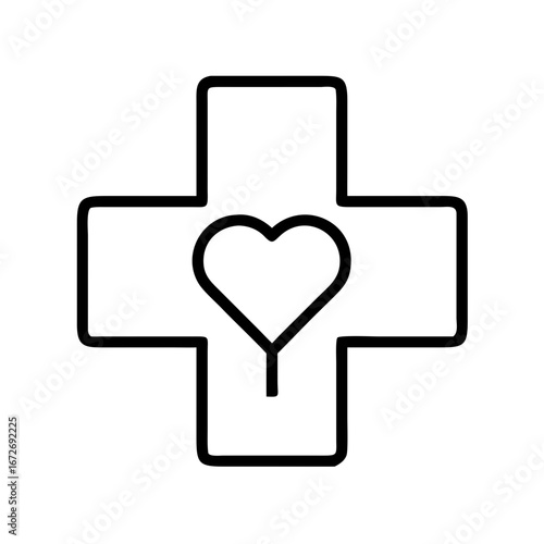 Simple black outline rendering of health cross with heart shaped symbol center