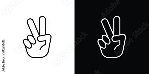 Hand peace icon in line art versions on white background