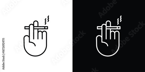 Hand holding cigarette icon in line art versions on white background