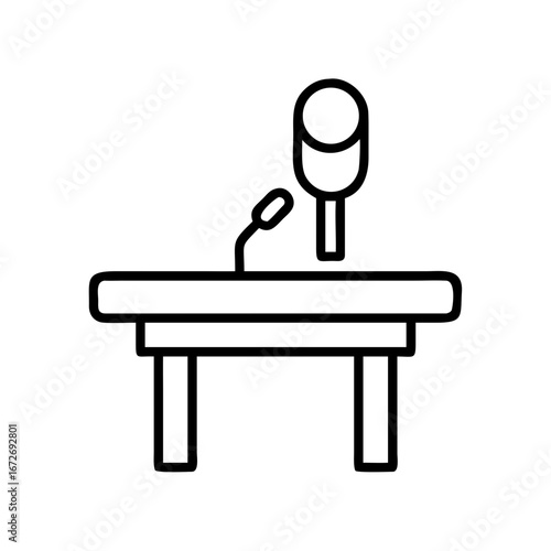 Conference podium and microphone in a black and white linear drawing