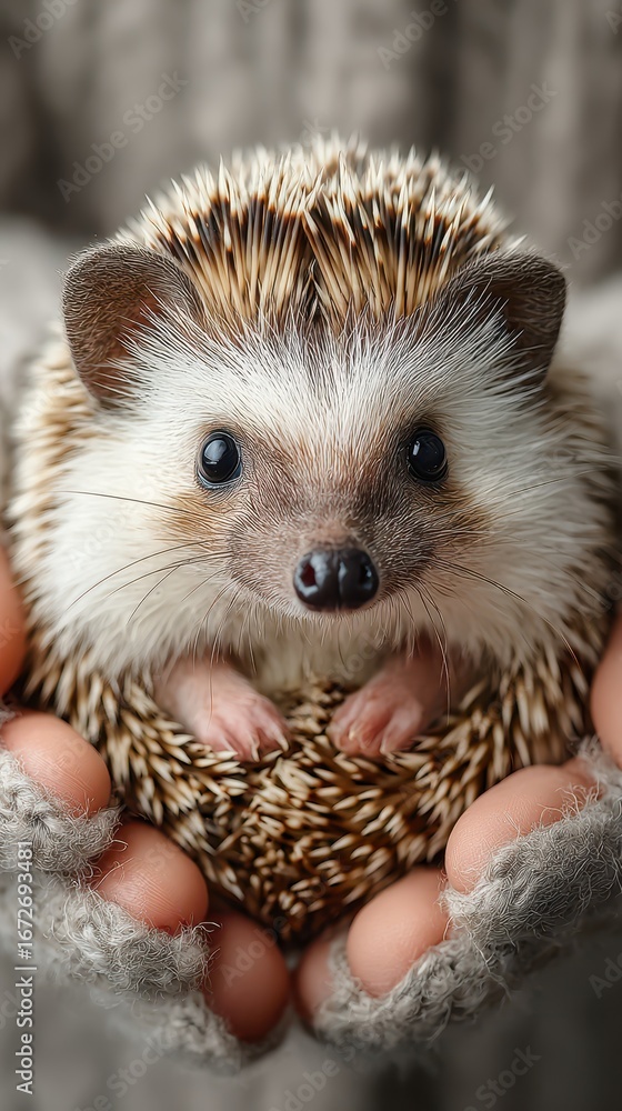 Fototapeta premium Hedgehog nestled gently in hands, showcasing adorable features and intricate fur patterns in a cozy setting