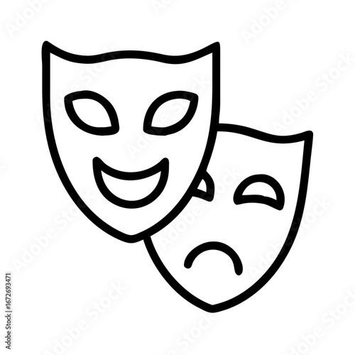 Drama masks representing comedy and tragedy in simple black and white outline
