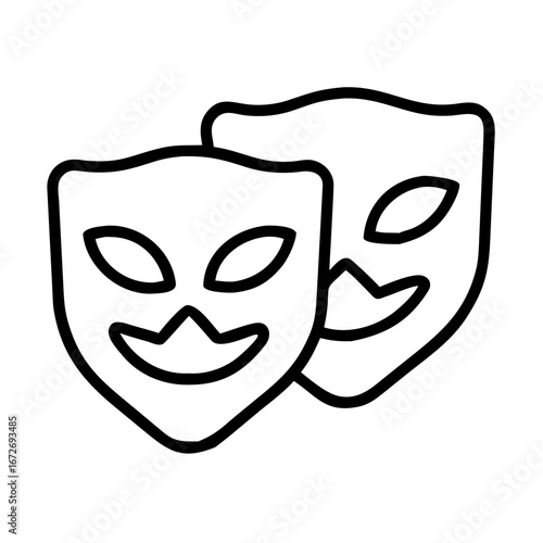 Two theater masks representing comedy and drama, minimalistic black and white