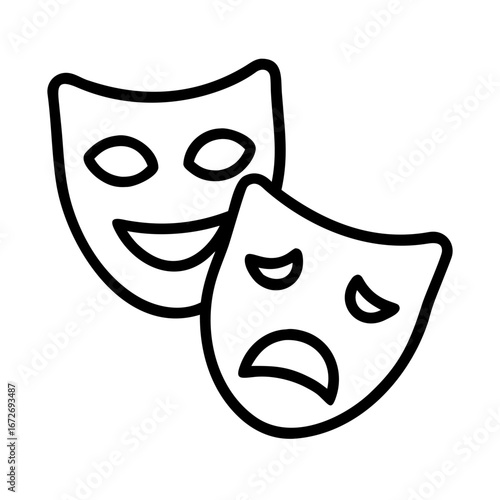 Comedy and tragedy masks representing theatre performance and emotions in line art