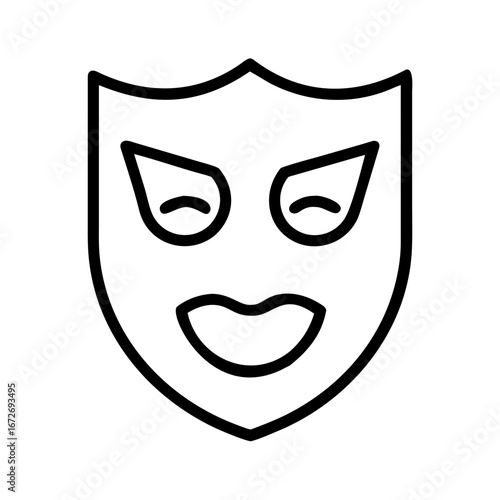 Stylized theatrical mask conveying a sense of controlled amusement and perhaps deception