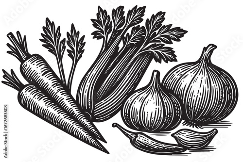 Vegetable Trio in Ink black and white etching engraving linocut woodcut lineart detailed botanical food illustration for packaging and artwork