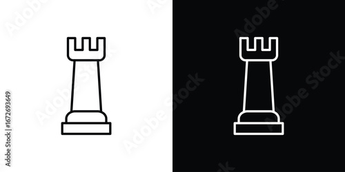 Chess rook icon in line art versions on white background