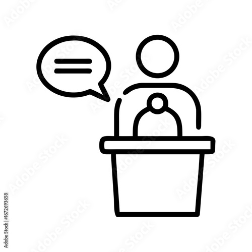 Person at podium with speech bubble delivering a statement or presentation