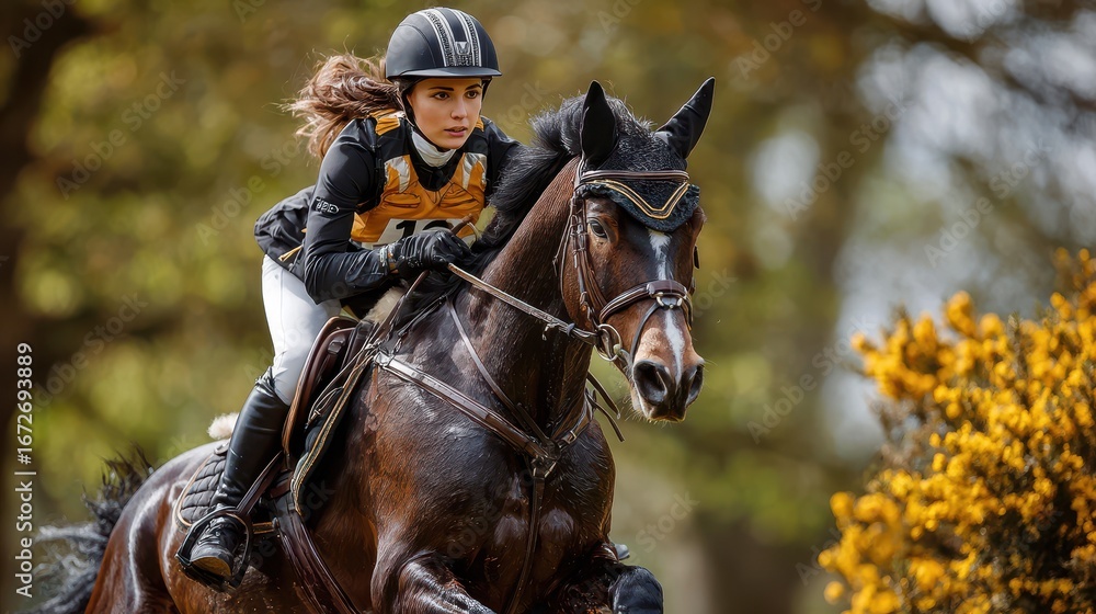 Obraz premium Equestrian athlete gracefully jumps over obstacle during competition in scenic outdoor arena