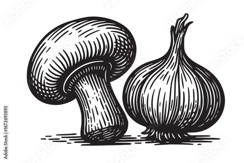 Mushroom and Garlic Etching black and white etching engraving linocut woodcut lineart detailed botanical food illustration for packaging and artwork