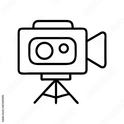 Simple black and white line drawing of a vintage film camera on tripod