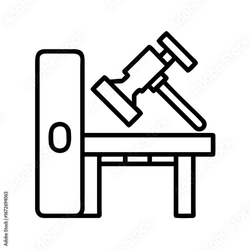 Illustration of a court gavel and legal bench or table in outline