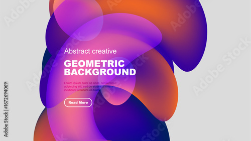 Abstract shapes overlap, creating vibrant gradient effect. Text promotes geometric background design, includes call to action.
