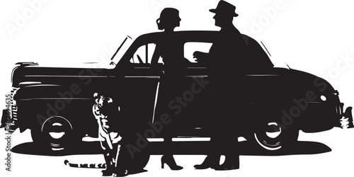 Couple with feline companion by vintage automobile woman