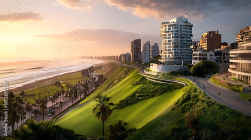 Beautiful lima cityscape featuring cathedral architecture and scenic peruvian hills image