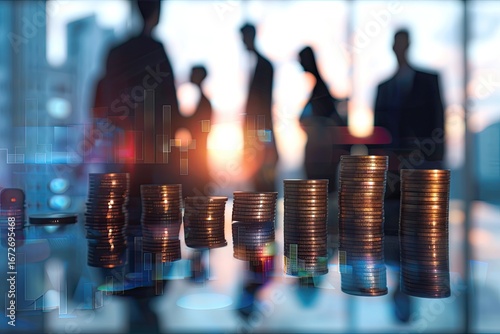 Financial growth business team meeting, city backdrop