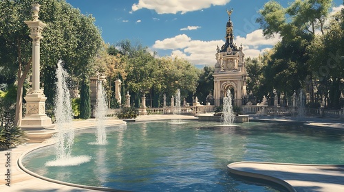 Beautiful madrid capital park fountain scenic greenery high resolution picture