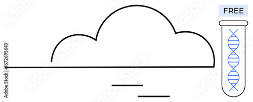 DNA strand in test tube labeled Free next to minimalist cloud. Ideal for technology, data storage, genetics, biotechnology, innovation, cloud computing, research. Simple flat metaphor