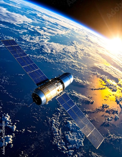 Fototapeta Naklejka Na Ścianę i Meble -  A space station with solar panels orbits the Earth as the sun rises, showcasing a breathtaking view of our planet from above.