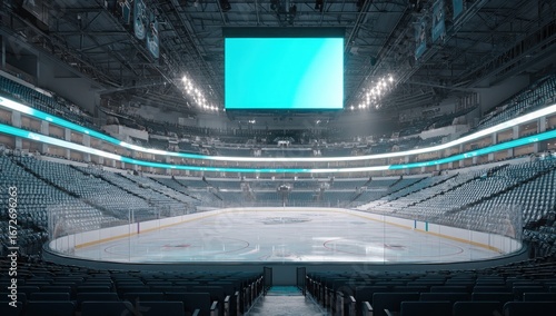 Empty hockey arena, large screen, night game, ad space
