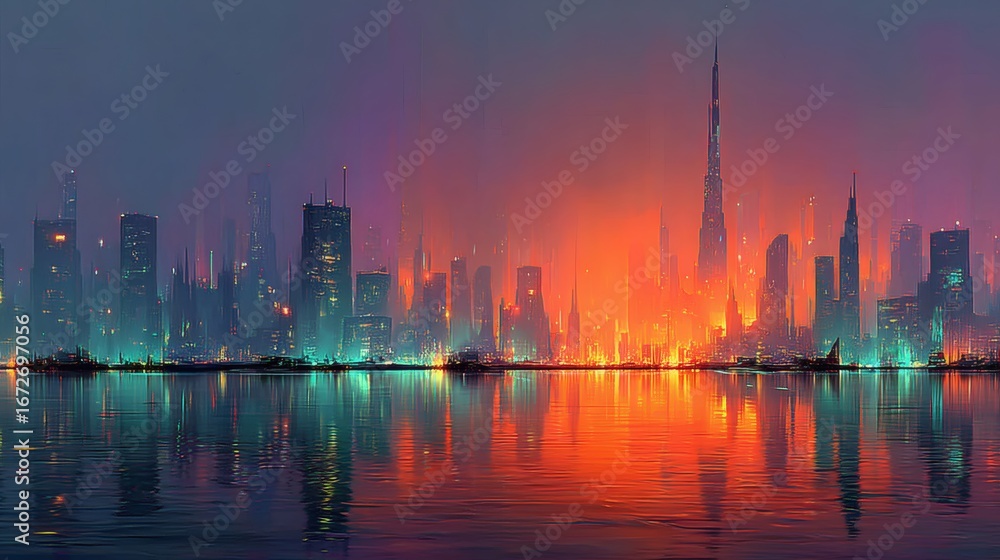 Fototapeta premium Futuristic City Skyline with Reflections