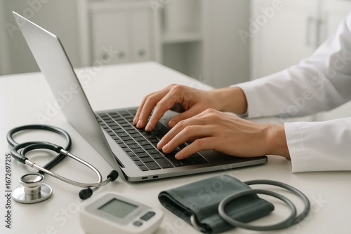 Doctor typing on laptop with stethoscope