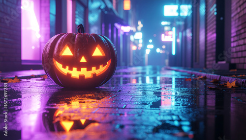 Wallpaper Mural An atmospheric scene of a glowing jack-o'-lantern with a sinister grin on a wet city street, reflecting vibrant purple and blue cyberpunk neon lights for a spooky Halloween night Torontodigital.ca