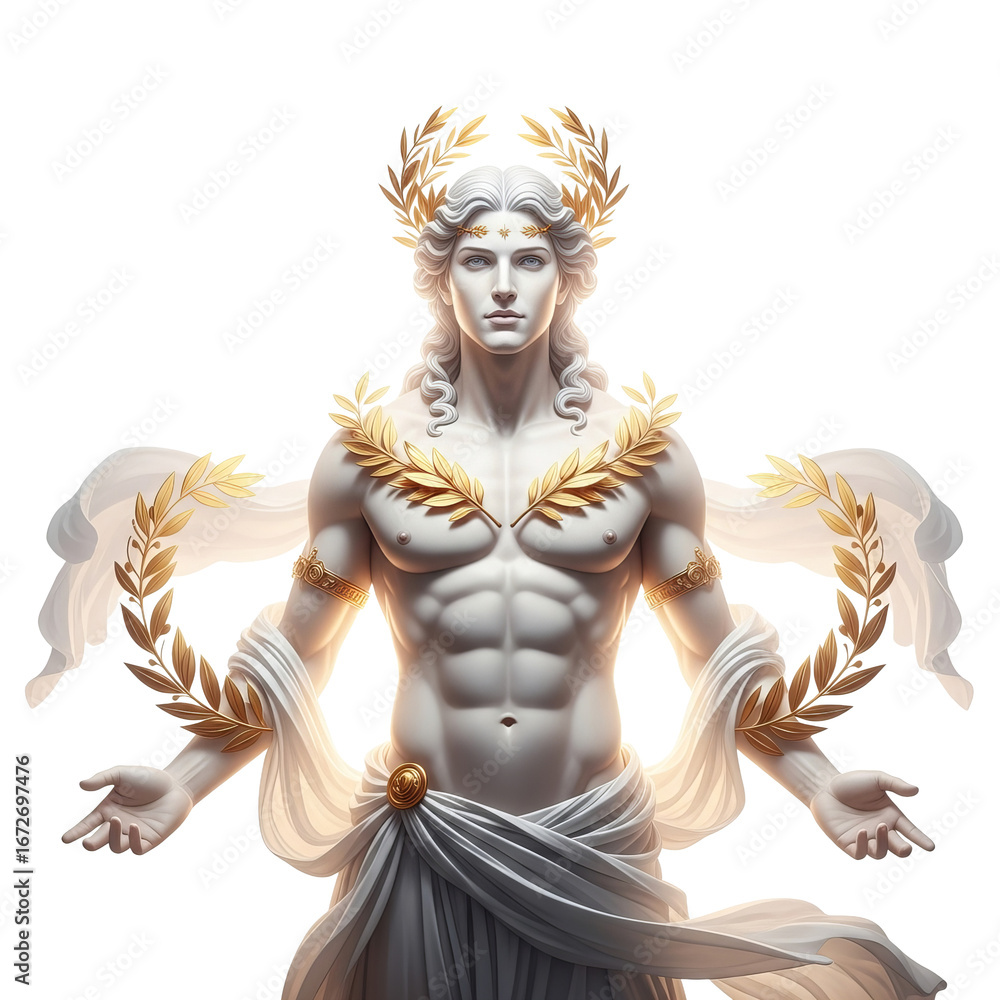 Fototapeta premium Marble statue of a man stands adorned with golden laurel leaves and flowing drapery against a isolated background.