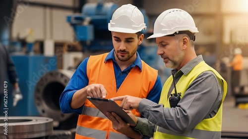 Two male workers in hard hats and highvisibility vests reviewing a tablet in a factory