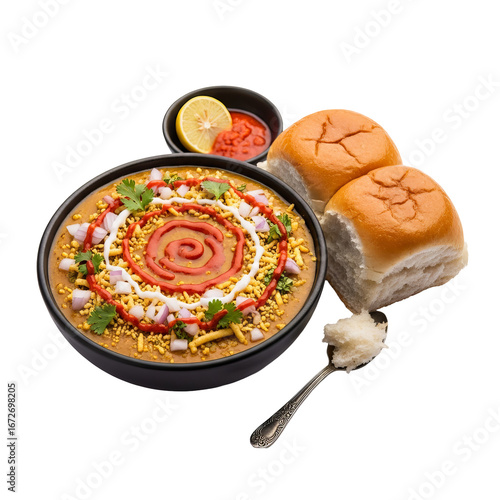 Wallpaper Mural Misal Pav, an Indian dish, is served in a bowl with bread rolls and chutney on a isolated background. Torontodigital.ca