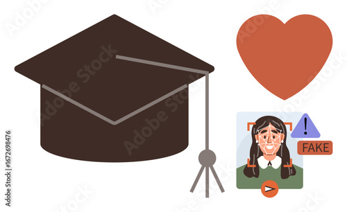 Graduation cap, facial recognition alert with fake label, and heart shape. Ideal for education, AI ethics, deepfake awareness, emotion, academia digital safety and technology innovation. Simple