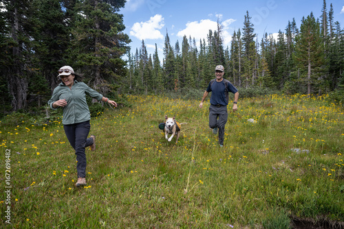 two people running happy with a dog through a meadow 