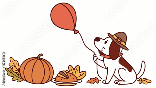 Vector illustration of a Bashful Dog with with a balloon, styled in a Thanksgiving theme using Grateful Harvest colors