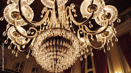 This video showcases a grand crystal chandelier illuminated with elegant lights, hanging in a luxurious hall. The sparkling details and classic design create a majestic, opulent ambiance perfect for s