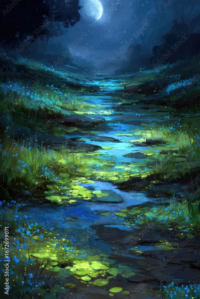 Obraz premium Glowing Night River Through Meadow Forest