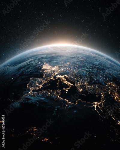 Earthrise over Europe at night; city lights; space background; planet view; global perspective