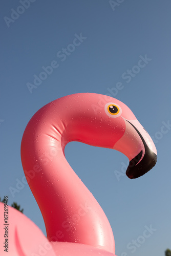 Close-up of an inflatable pink flamingo against a blue sky
