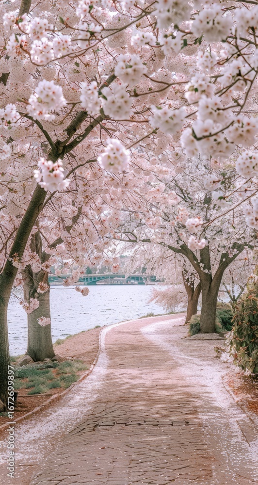 Naklejka premium Cherry blossom path, spring walk, water view, peaceful scene, nature calendar