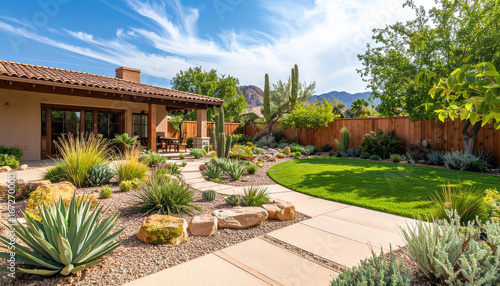 Desert landscape xeriscape backyard modern house green lawn stone path agave cactus mountain view sunny peaceful outdoor living