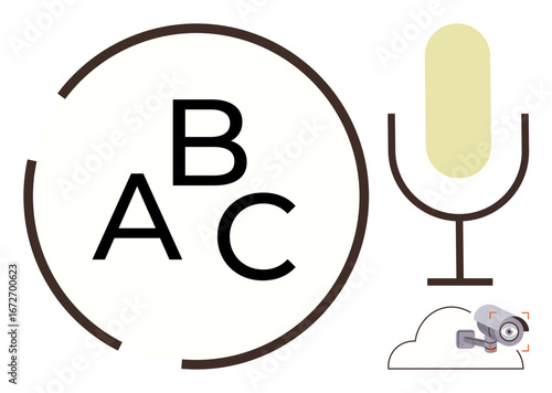Microphone, ABC letters encircled, camera within cloud. Ideal for voice recognition, security, AI development, smart technology, education, cloud services digital recording simple flat metaphor