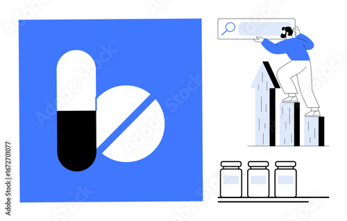 Pill capsule and tablet, graph with arrows, man researching market trends, medicine bottles. Ideal for healthcare, pharmacy, business growth, research innovation economy medicine. Simple flat