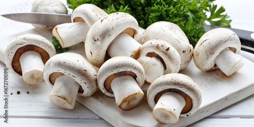 Fresh White Button Mushrooms on Wooden Board