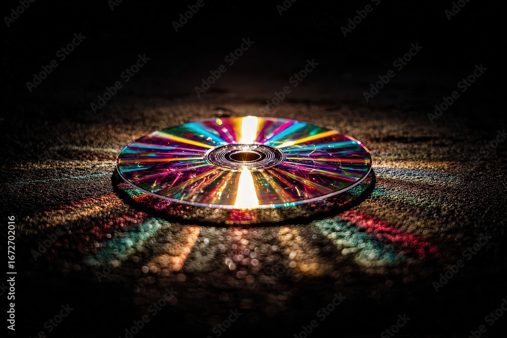 Obraz premium Rainbow Colored CD Reflection on Dark Surface