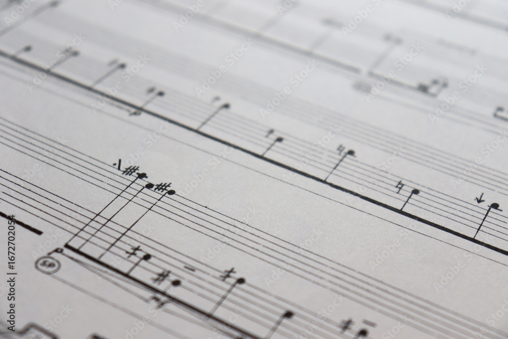 Fototapeta premium A white sheet with a musical partition. Musical notes on a sheet of music paper. Music notes as background with a close-up view.