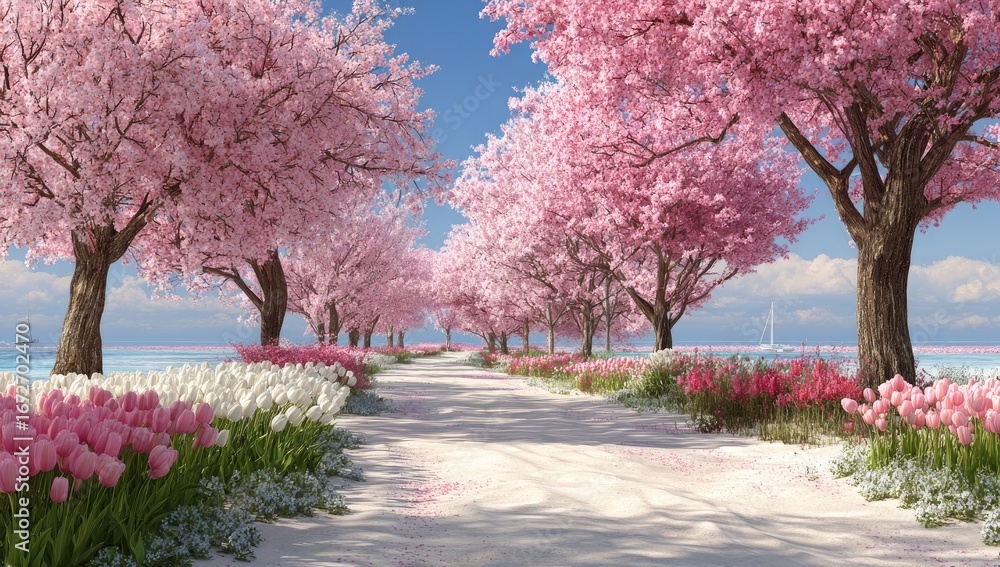 Naklejka premium Coastal Cherry Blossom Path, Spring, Tulips, Sunny Day, Vacation